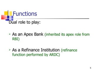 Functions Dual role to play: As an Apex Bank  (inherited its apex role from RBI) As a Refinance Institution  (refinance function performed by ARDC) 