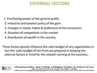 EXTERNAL FACTORS
1. Purchasing power of the general public.
2. Industrial and taxation policy of the govt.
3. Changes in needs, habits & preference of the consumers.
4. Situation of competition in the market.
5. Distribution of wealth in the country.
These factors greatly influence the sales budget of any organisation,in
fact the sales budget of the firms are prepared in keeping the
external factors in mind for the smooth running of the business.
 