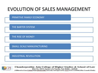 EVOLUTION OF SALES MANAGEMENT
PRIMITIVE FAMILY ECONOMY
THE BARTER SYSTEM
THE RISE OF MONEY
SMALL SCALE MANUFACTURING
INDUSTRIAL REVOLUTION
 