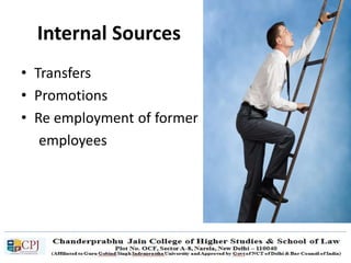 Internal Sources
• Transfers
• Promotions
• Re employment of former
employees
 