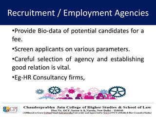 Recruitment / Employment Agencies
•Provide Bio-data of potential candidates for a
fee.
•Screen applicants on various parameters.
•Careful selection of agency and establishing
good relation is vital.
•Eg-HR Consultancy firms,
 