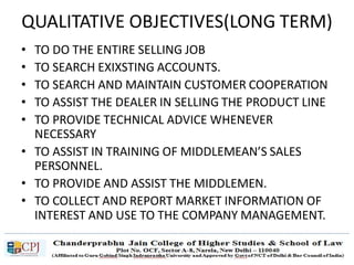 QUALITATIVE OBJECTIVES(LONG TERM)
• TO DO THE ENTIRE SELLING JOB
• TO SEARCH EXIXSTING ACCOUNTS.
• TO SEARCH AND MAINTAIN CUSTOMER COOPERATION
• TO ASSIST THE DEALER IN SELLING THE PRODUCT LINE
• TO PROVIDE TECHNICAL ADVICE WHENEVER
NECESSARY
• TO ASSIST IN TRAINING OF MIDDLEMEAN’S SALES
PERSONNEL.
• TO PROVIDE AND ASSIST THE MIDDLEMEN.
• TO COLLECT AND REPORT MARKET INFORMATION OF
INTEREST AND USE TO THE COMPANY MANAGEMENT.
 