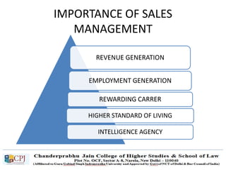 IMPORTANCE OF SALES
MANAGEMENT
REVENUE GENERATION
EMPLOYMENT GENERATION
REWARDING CARRER
HIGHER STANDARD OF LIVING
INTELLIGENCE AGENCY
 