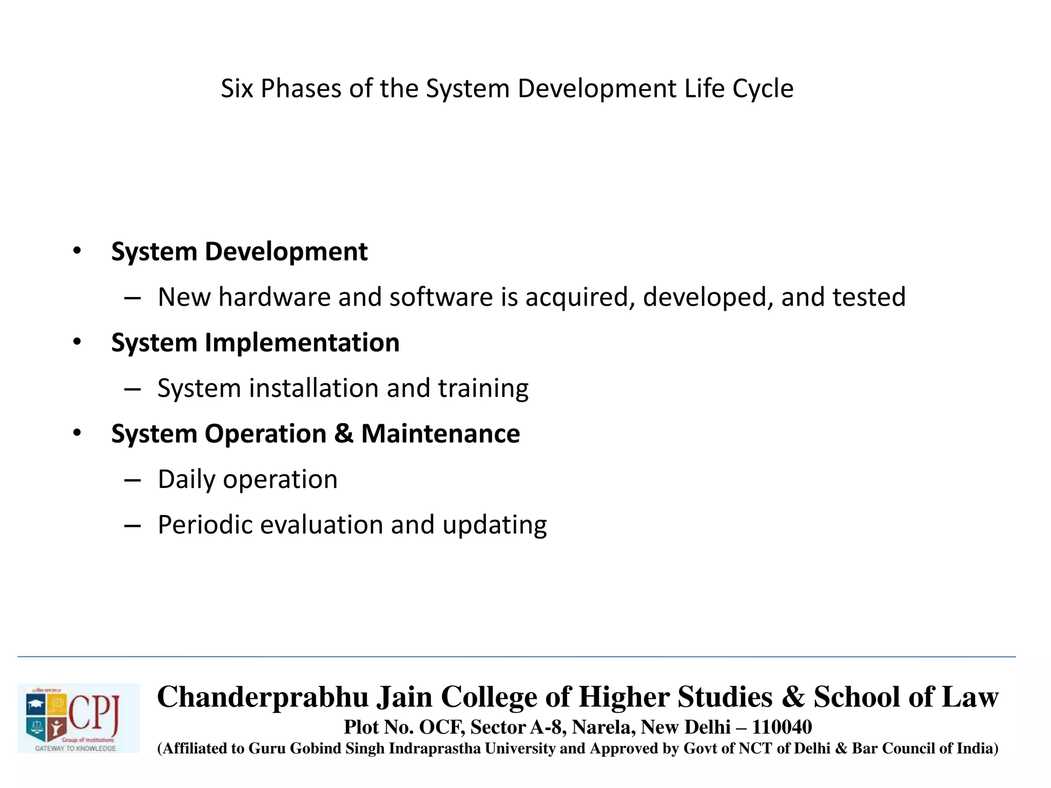 Six Phases of the System Development Life Cycle
• System Development
– New hardware and software is acquired, developed, and tested
• System Implementation
– System installation and training
• System Operation & Maintenance
– Daily operation
– Periodic evaluation and updating
Chanderprabhu Jain College of Higher Studies & School of Law
Plot No. OCF, Sector A-8, Narela, New Delhi – 110040
(Affiliated to Guru Gobind Singh Indraprastha University and Approved by Govt of NCT of Delhi & Bar Council of India)
 