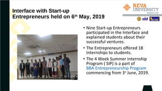 Interface with Start-up
Entrepreneurs held on 6th
May, 2019
• Nine Start-up Entrepreneurs
participated in the Interface and
explained students about their
successful ventures.
• The Entrepreneurs offered 18
Internships to students.
• The 4 Week Summer Internship
Program ( SIP) is a part of
BBA Entrepreneurship Program
commencing from 3rd
June, 2019.
 