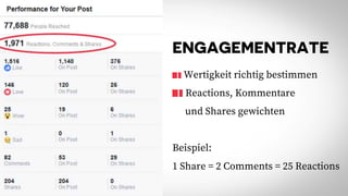ENGAGEMENTRATE
Wertigkeit richtig bestimmen
Reactions, Kommentare
und Shares gewichten
Beispiel:
1 Share = 2 Comments = 25 Reactions
 