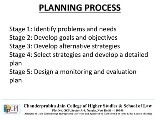Chanderprabhu Jain College of Higher Studies & School of Law
Plot No. OCF, Sector A-8, Narela, New Delhi – 110040
(Affiliated to Guru Gobind Singh Indraprastha University and Approved by Govt of NCT of Delhi & Bar Council of India)
PLANNING PROCESS
Stage 1: Identify problems and needs
Stage 2: Develop goals and objectives
Stage 3: Develop alternative strategies
Stage 4: Select strategies and develop a detailed
plan
Stage 5: Design a monitoring and evaluation
plan
 