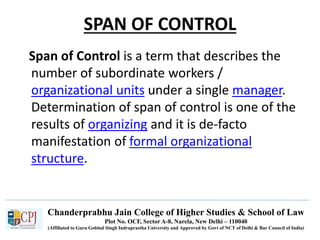 Chanderprabhu Jain College of Higher Studies & School of Law
Plot No. OCF, Sector A-8, Narela, New Delhi – 110040
(Affiliated to Guru Gobind Singh Indraprastha University and Approved by Govt of NCT of Delhi & Bar Council of India)
SPAN OF CONTROL
Span of Control is a term that describes the
number of subordinate workers /
organizational units under a single manager.
Determination of span of control is one of the
results of organizing and it is de-facto
manifestation of formal organizational
structure.
 