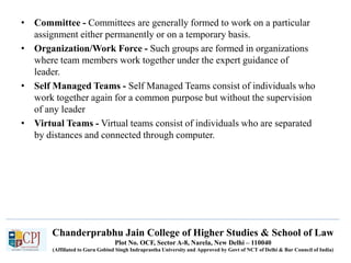 Chanderprabhu Jain College of Higher Studies & School of Law
Plot No. OCF, Sector A-8, Narela, New Delhi – 110040
(Affiliated to Guru Gobind Singh Indraprastha University and Approved by Govt of NCT of Delhi & Bar Council of India)
• Committee - Committees are generally formed to work on a particular
assignment either permanently or on a temporary basis.
• Organization/Work Force - Such groups are formed in organizations
where team members work together under the expert guidance of
leader.
• Self Managed Teams - Self Managed Teams consist of individuals who
work together again for a common purpose but without the supervision
of any leader
• Virtual Teams - Virtual teams consist of individuals who are separated
by distances and connected through computer.
 