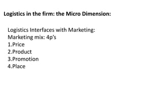 Logistics in the firm: the Micro Dimension:
Logistics Interfaces with Marketing:
Marketing mix: 4p’s
1.Price
2.Product
3.Promotion
4.Place
 