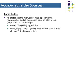 Basic Rules All citations in the manuscript must appear in the reference list, and all references must be cited in text. (APA, 2001, p. 28) Example: In-text:  Cho (1991) argued that… Bibliography:  Cho, C. (1991).  Argument on suicide . HK: Modern Suicide Association. Acknowledge the Sources 