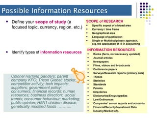 Identify types of  information resources SCOPE of RESEARCH Specific aspect of a broad area Currency / time frame Geographical area Language of publication Single or Multidisciplinary approach, e.g. the application of IT in accounting INFORMATION RESOURCES Books (facts, not necessary updated) Journal articles Newspapers Films, videos and broadcasts Conference papers Surveys/Research reports (primary data) Theses Statistics Standards Patents Directories Dictionaries/Encyclopedias Law/Ordinances Companies’ annual reports and accounts Financial/Security/Investment Data Industry/Market Info. Define your  scope of study  (a focused topic, currency, region, etc.) Possible Information Resources Colonel Harland Sanders; parent company KFC; Tricon Global; stocks; competitior activity; tech impacts;  suppliers; government policy; consumers; financial records; human resources; business direction;  social trends; consumer behaviour; marketing; public opinion; H5N1 chicken disease; genetically modified foods ……….. 