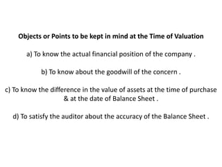 Objects or Points to be kept in mind at the Time of Valuation

       a) To know the actual financial position of the company .

            b) To know about the goodwill of the concern .

c) To know the difference in the value of assets at the time of purchase
                    & at the date of Balance Sheet .

  d) To satisfy the auditor about the accuracy of the Balance Sheet .
 