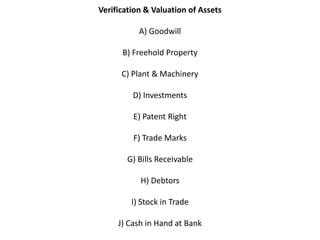 Verification & Valuation of Assets

           A) Goodwill

      B) Freehold Property

      C) Plant & Machinery

         D) Investments

         E) Patent Right

         F) Trade Marks

       G) Bills Receivable

           H) Debtors

         I) Stock in Trade

     J) Cash in Hand at Bank
 