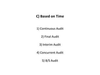 C) Based on Time


1) Continuous Audit

   2) Final Audit

 3) Interim Audit

4) Concurrent Audit

   5) B/S Audit
 