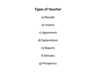 Types of Voucher

    a) Receipt

    b) Invoice

  c) Agreement

  d) Explanations

    e) Reports

    f) Minutes

  g) Prospectus
 
