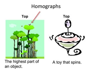 Homographs
Top Top
The highest part of
an object.
A toy that spins.
 