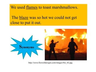 We used flames to toast marshmallows.
The blaze was so hot we could not get
close to put it out.
http://www.firewebdesigns.com/images/fire_02.jpg
Synonyms