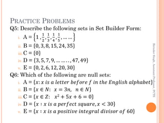 PRACTICE PROBLEMS
Q5: Describe the following sets in Set Builder Form:
i. A = 1 ,
1
2
,
1
3
,
1
4
,
1
5
, … …
ii. B = 0, 3, 8, 15, 24, 35
iii.C = 0
iv. D = 3, 5, 7, 9, … … . . , 47, 49
v. E = 0, 2, 6, 12, 20, 30
Q6: Which of the following are null sets:
i. A = 𝑥: 𝑥 𝑖𝑠 𝑎 𝑙𝑒𝑡𝑡𝑒𝑟 𝑏𝑒𝑓𝑜𝑟𝑒 𝑓 𝑖𝑛 𝑡𝑕𝑒 𝐸𝑛𝑔𝑙𝑖𝑠𝑕 𝑎𝑙𝑝𝑕𝑎𝑏𝑒𝑡
ii. B = 𝑥 ∈ 𝑁: 𝑥 = 3𝑛, 𝑛 ∈ 𝑁
iii.C = 𝑥 ∈ 𝑍: 𝑥2 + 5𝑥 + 6 = 0
iv. D = 𝑥 ∶ 𝑥 𝑖𝑠 𝑎 𝑝𝑒𝑟𝑓𝑒𝑐𝑡 𝑠𝑞𝑢𝑎𝑟𝑒, 𝑥 < 30
v. E = 𝑥 ∶ 𝑥 𝑖𝑠 𝑎 𝑝𝑜𝑠𝑖𝑡𝑖𝑣𝑒 𝑖𝑛𝑡𝑒𝑔𝑟𝑎𝑙 𝑑𝑖𝑣𝑖𝑠𝑜𝑟 𝑜𝑓 60
BirinderSingh,AssistantProfessor,PCTE
 