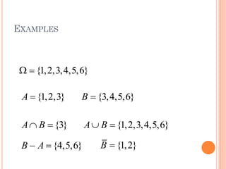 EXAMPLES
{1,2,3}A  {3,4,5,6}B 
{3}A B  {1,2,3,4,5,6}A B 
{1,2,3,4,5,6} 
{4,5,6}B A  {1,2}B 
 