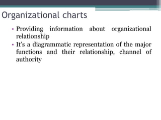 Organizational charts
• Providing information about organizational
relationship
• It’s a diagrammatic representation of the major
functions and their relationship, channel of
authority
 