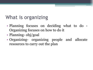 What is organizing
• Planning focuses on deciding what to do -
Organizing focuses on how to do it
• Planning- obj/goal
• Organizing- organizing people and allocate
resources to carry out the plan
 
