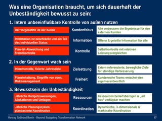 Vortrag Gebhard Borck - Beyond Budgeting Transformation Network
Was eine Organisation braucht, um sich dauerhaft der 
Unbeständigkeit bewusst zu sein: 
17
3. Bewusstsein der Unbeständigkeit
2. In der Gegenwart wach sein
1. Intern unbeeinflußbare Kontrolle von außen nutzen
Inkrementelle, fixierte Jahresziele Extern referenzierte, bewegliche Ziele 
für ständige Verbesserung
Zielsetzung
Der Vorgesetzte ist der Kunde Alle verbessern die Ergebnisse für den 
externen Kunden
Kundenfokus
Information ist beschränkt und ein Teil 
des individuellen Status
Offene & geteilte Information für alleInformation
Plan-Ist-Abweichung und 
Fremdkontrolle
Selbstkontrolle mit relativen 
Leistungsvergleichen 
Kontrolle
Planeinhaltung, Eingriffe von oben, 
Mirkomanagement 
Kundennahe Teams entschei-den 
eigenverantwortlich
Freiheit
Jährliche Budgetzuweisungen, 
Allokationen und Umlagen
Ressourcen bedarfsbezogen & „ad 
hoc“ verfügbar machen
Ressourcen
Jährliche Planungszyklen, 
planbasierte Koordination
Dynamische, 3-dimensionale & 
marktnahe Koordination
Koordination
 