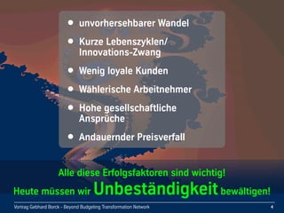 Vortrag Gebhard Borck - Beyond Budgeting Transformation Network
• unvorhersehbarer Wandel
• Kurze Lebenszyklen/ 
Innovations-Zwang
• Wenig loyale Kunden
• Wählerische Arbeitnehmer
• Hohe gesellschaftliche 
Ansprüche
• Andauernder Preisverfall
Alle diese Erfolgsfaktoren sind wichtig!
Heute müssen wir Unbeständigkeit bewältigen!
4
 