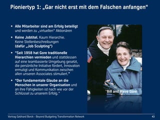 Vortrag Gebhard Borck - Beyond Budgeting Transformation Network
Pioniertyp 1: „Gar nicht erst mit dem Falschen anfangen“
• Alle Mitarbeiter sind am Erfolg beteiligt 
und werden zu „virtuellen“ Aktionären 
• Keine Jobtitel. Kaum Hierarchie. 
Keine Stellenbeschreibungen 
(dafür „Job Sculpting“)
• “Seit 1958 hat Gore traditionelle 
Hierarchien vermieden und stattdessen 
auf eine teambasierte Umgebung gesetzt, 
die persönliche Initiative fördert, Innovation 
ermutigt und Kommunikation zwischen 
allen unseren Associates stimuliert.” 
• “Der fundamentale Glaube an die 
Menschen in unserer Organisation und 
an ihre Fähigkeiten ist nach wie vor der 
Schlüssel zu unserem Erfolg.“
Bill and Vieve Gore
43
 
