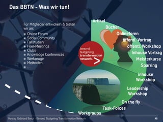 Vortrag Gebhard Borck - Beyond Budgeting Transformation NetworkVortrag Gebhard Borck - Beyond Budgeting TransformationTransformation Network
Das BBTN - Was wir tun!
48
öffentl. Vortrag
Artikel
Bücher
Onlineforen
Inhouse Vortrag
inhouse
Workshop
öffentl. Workshop
Meisterkurse
Sparring
Leadership
Workshop
Task-Forces
Workgroups
Für Mitglieder entwickeln & bieten 
wir an:
๏ Online Forum
๏ Social Community
๏ Fallstudien
๏ Peer-Meetings
๏ Clubs
๏ Knowledge Conferences
๏ Werkzeuge
๏ Methoden
๏ ...
On the fly
 