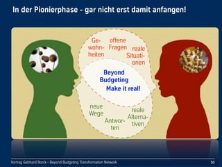 Vortrag Gebhard Borck - Beyond Budgeting Transformation NetworkVortrag Gebhard Borck - Beyond Budgeting Transformation Network
In der Pionierphase - gar nicht erst damit anfangen!
50
Antwor-
ten
offene 
Fragen
neue
Wege
Ge-
wohn-
heiten
reale
Alterna-
tiven
reale
Situati-
onen
Beyond 
Budgeting
Make it real!
 