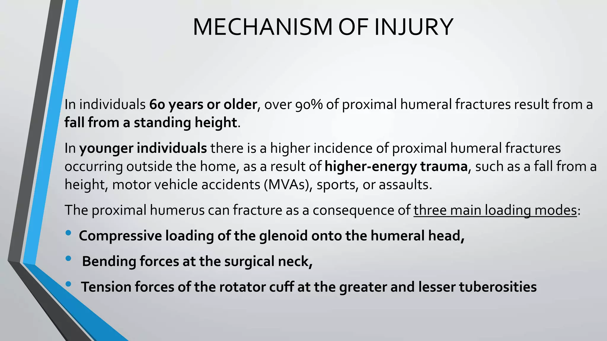 MECHANISM OF INJURY
In individuals 60 years or older, over 90% of proximal humeral fractures result from a
fall from a standing height.
In younger individuals there is a higher incidence of proximal humeral fractures
occurring outside the home, as a result of higher-energy trauma, such as a fall from a
height, motor vehicle accidents (MVAs), sports, or assaults.
The proximal humerus can fracture as a consequence of three main loading modes:
• Compressive loading of the glenoid onto the humeral head,
• Bending forces at the surgical neck,
• Tension forces of the rotator cuff at the greater and lesser tuberosities
 