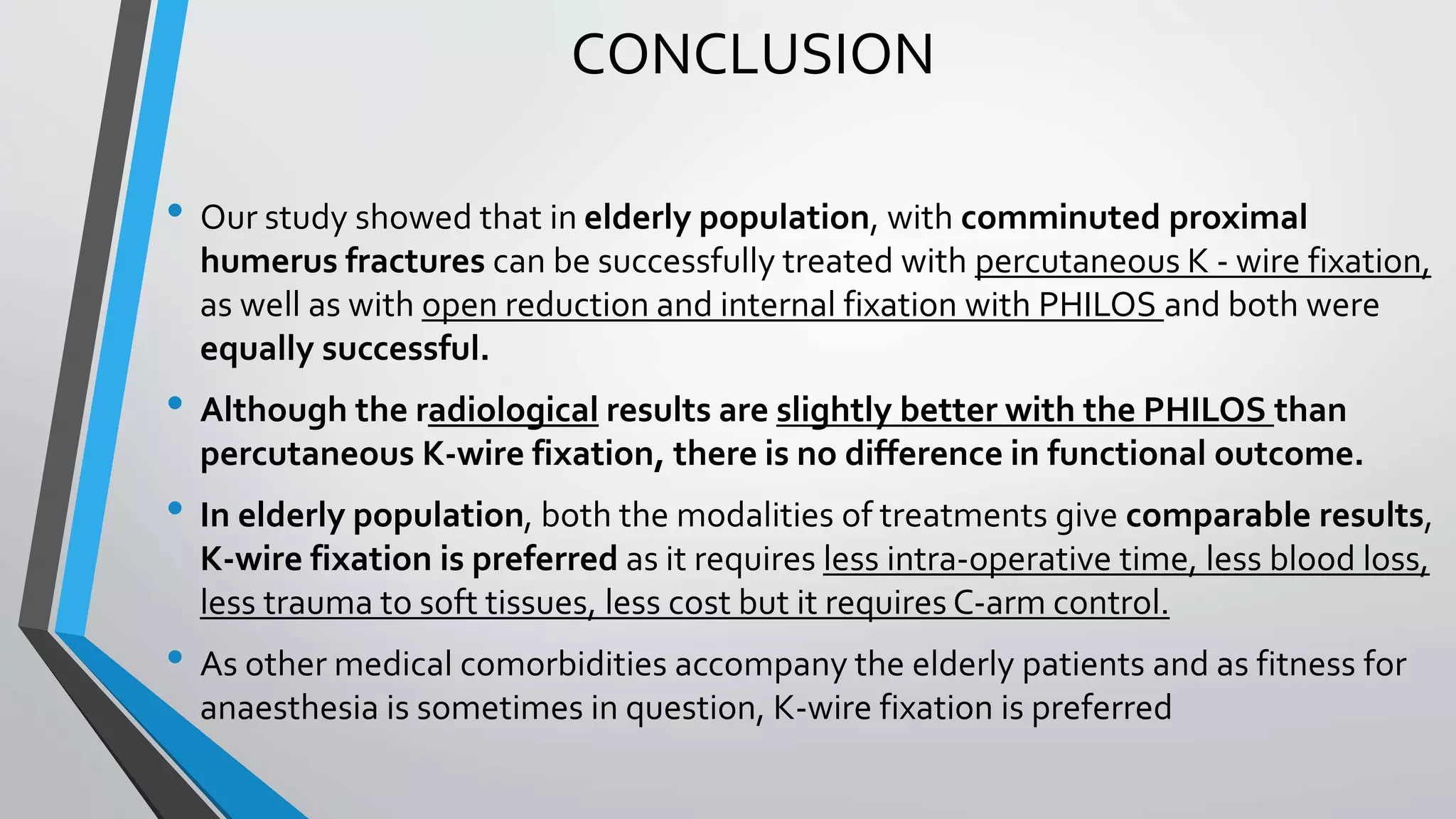 CONCLUSION
• Our study showed that in elderly population, with comminuted proximal
humerus fractures can be successfully treated with percutaneous K - wire fixation,
as well as with open reduction and internal fixation with PHILOS and both were
equally successful.
• Although the radiological results are slightly better with the PHILOS than
percutaneous K-wire fixation, there is no difference in functional outcome.
• In elderly population, both the modalities of treatments give comparable results,
K-wire fixation is preferred as it requires less intra-operative time, less blood loss,
less trauma to soft tissues, less cost but it requires C-arm control.
• As other medical comorbidities accompany the elderly patients and as fitness for
anaesthesia is sometimes in question, K-wire fixation is preferred
 