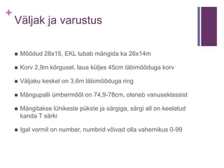 +
Väljak ja varustus
 Mõõdud 28x15, EKL lubab mängida ka 26x14m
 Korv 2,9m kõrgusel, laua küljes 45cm läbimõõduga korv
 Väljaku keskel on 3,6m läbimõõduga ring
 Mängupalli ümbermõõt on 74,9-78cm, oleneb vanuseklassist
 Mängitakse lühikeste pükste ja särgiga, särgi all on keelatud
kanda T särki
 Igal vormil on number, numbrid võivad olla vahemikus 0-99
 