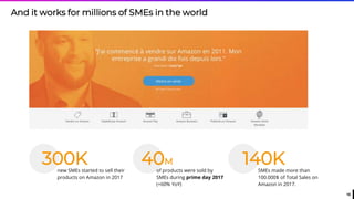 10
And it works for millions of SMEs in the world
300Knew SMEs started to sell their
products on Amazon in 2017
40M
of products were sold by
SMEs during prime day 2017
(+60% YoY)
140KSMEs made more than
100.000$ of Total Sales on
Amazon in 2017.
 