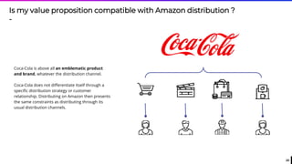 24
Is my value proposition compatible with Amazon distribution ?
-
Coca-Cola is above all an emblematic product
and brand, whatever the distribution channel.
Coca-Cola does not differentiate itself through a
specific distribution strategy or customer
relationship. Distributing on Amazon then presents
the same constraints as distributing through its
usual distribution channels.
 