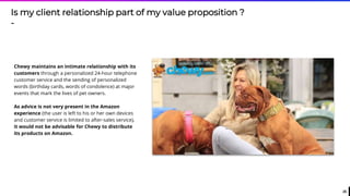 25
Is my client relationship part of my value proposition ?
-
Chewy maintains an intimate relationship with its
customers through a personalized 24-hour telephone
customer service and the sending of personalized
words (birthday cards, words of condolence) at major
events that mark the lives of pet owners.
As advice is not very present in the Amazon
experience (the user is left to his or her own devices
and customer service is limited to after-sales service),
it would not be advisable for Chewy to distribute
its products on Amazon.
 