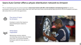 30
Sears Auto Center offers a physic distribution network to Amazon
-
The U.S. distribution group has announced that its Sears Auto Centers will offer a full installation and balancing service for any tire
purchased on Amazon: the customer selects their tires, their Sears Auto Center and the desired date and time for the tire installation and Sears
will contact them to confirm the appointment.
The value of Sears
for Amazon
Growing in a sector that requires a
physical distribution network to
develop
What Sears
negotiated
Maintaining customer relations
and obtaining customer data: here Sears
auto center is not disintermediated
by Amazon while the Sears group is in
trouble.
 