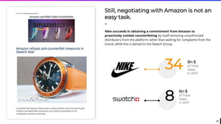 31
Still, negotiating with Amazon is not an
easy task.
-
Nike succeeds in obtaining a commitment from Amazon to
proactively combat counterfeiting by itself removing unauthorized
distributors from the platform rather than waiting for complaints from the
brand, while this is denied to the Swatch Group.
Bn $
of Total
Sales
in 2017
34
8
Bn $
of Total
Sales
in 2017
 