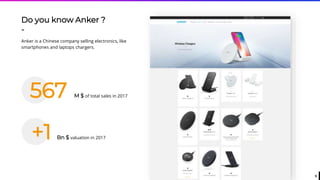 6
Anker is a Chinese company selling electronics, like
smartphones and laptops chargers.
Do you know Anker ?
-
M $ of total sales in 2017567
Bn $ valuation in 2017+1
 