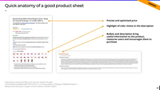 63
Precise and optimized price
Highlight of color choice in the description
Bullets and description bring
useful information to the product,
reassures users and encourages them to
purchase
https://www.amazon.fr/Bourjois-Rouge-Velvet-Rouges-
L%C3%A8vres/dp/B00J8K7JNY/ref=sr_1_1?s=beauty&ie=UTF8&qid=1538994304&sr=1-
1&keywords=bourjois+rouge+a+levre+edition+velvet+326011
Quick anatomy of a good product sheet
-
 