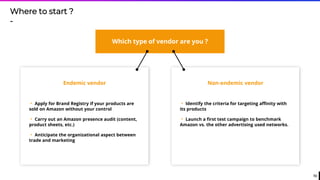 72
Where to start ?
-
Which type of vendor are you ?
Endemic vendor Non-endemic vendor
• Apply for Brand Registry if your products are
sold on Amazon without your control
• Carry out an Amazon presence audit (content,
product sheets, etc.)
• Anticipate the organizational aspect between
trade and marketing
• Identify the criteria for targeting affinity with
its products
• Launch a first test campaign to benchmark
Amazon vs. the other advertising used networks.
 