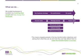 13
© BB&A 2013
We enable businesses to
transform by involving their
people and help change their
mind-sets.
This means engaging people in the key transformation objectives and
asking them what they can do and how they can help deliver them to
make the transformation a success.
What we do…
© BB&A 2015
 