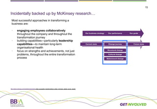 15
Incidentally backed up by McKinsey research…
Most successful approaches in transforming a
business are:
•  engaging employees collaboratively
throughout the company and throughout the
transformation journey
•  building capabilities—particularly leadership
capabilities—to maintain long-term
organisational health
•  focus on strengths and achievements, not just
problems, throughout the entire transformation
process
http://www.mckinsey.com/insights/organization what_successful_transformations_share_mckinsey_global_survey_results
 