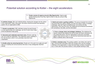 9
Potential solution according to Kotter – the eight accelerators
1.  Create a sense of urgency around a Big Opportunity. Urgency gets
people thinking about how they might be able to help you pursue a Big
Opportunity
2. Build and evolve a guiding coalition. This group of people from all silos
and levels feels the urgency deeply, and they are ready to take on strategic
challenges, deal with hyper-competitiveness, and achieve the Big
Opportunity. They have the drive, the intellectual and emotional commitment,
the connections, the skills, and the information
3. Form a change vision and strategic initiatives. The initiatives the
nascent network side attacks first will be those that these individuals are
very passionate about, that the organization's executive committee
agrees make sense to work on, and that the hierarchical side lacks the
ability to address well or fast enough.
4. Enlist a volunteer army. The guiding coalition, and others who wish to
help, communicate information about the change vision and the strategic
initiatives to the organization in ways that lead large numbers of people to
buy in. Done well, this process results in many people wanting to help.
5. Enable action by removing barriers. People act in the spirit of an agile and swift
start-up to identify and remove barriers that slow or stop strategically important
activity.
6. Generate (and celebrate) short-term wins. All wins, both big
and very small are celebrated. That celebration gives credibility to
the new structure, which in turn promotes more and more
cooperation.
7. Sustain acceleration. With relentless energy focused forward
on new opportunities and challenges, we find a motor which helps
all the Accelerators keep going.
8. Institute change. Wins are institutionalized, infusing the changes into the culture
of the organization. After a few years, this action drives the whole dual operating
system into an organization's DNA.
 