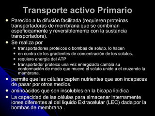 Transporte activo Primario Parecido a la difusión facilitada (requieren proteínas transportadoras de membrana que se combinan espeficicamente y reversiblemente con la sustancia transportadora). Se realiza por  transportadores proteicos o bombas de soluto, lo hacen  en contra de los gradientes de concentración de los solutos.  requiere energía del ATP  transportador proteico una vez energizado cambia su conformación de modo que mueve el soluto unido a el cruzando la membrana. permite que las células capten nutrientes que son incapaces de pasar por otros medios.  aminoácidos que son insolubles en la bicapa lipidica  La capacidad de las células para almacenar internamente iones diferentes al del liquido Extracelular (LEC) dada por la bombas de membrana . 
