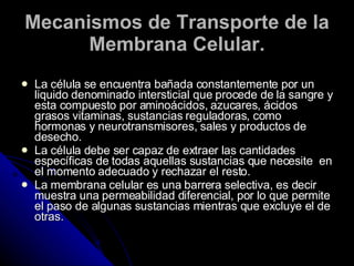 Mecanismos de Transporte de la Membrana Celular. La célula se encuentra bañada constantemente por un liquido denominado intersticial que procede de la sangre y esta compuesto por aminoácidos, azucares, ácidos grasos vitaminas, sustancias reguladoras, como hormonas y neurotransmisores, sales y productos de desecho.  La célula debe ser capaz de extraer las cantidades específicas de todas aquellas sustancias que necesite  en el momento adecuado y rechazar el resto. La membrana celular es una barrera selectiva, es decir muestra una permeabilidad diferencial, por lo que permite el paso de algunas sustancias mientras que excluye el de otras.  
