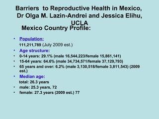 Barriers  to Reproductive Health in Mexico,  Dr Olga M. Lazin-Andrei and Jessica Elihu, UCLA ,[object Object],[object Object],[object Object],[object Object],[object Object],[object Object],[object Object],[object Object],[object Object],[object Object],[object Object]
