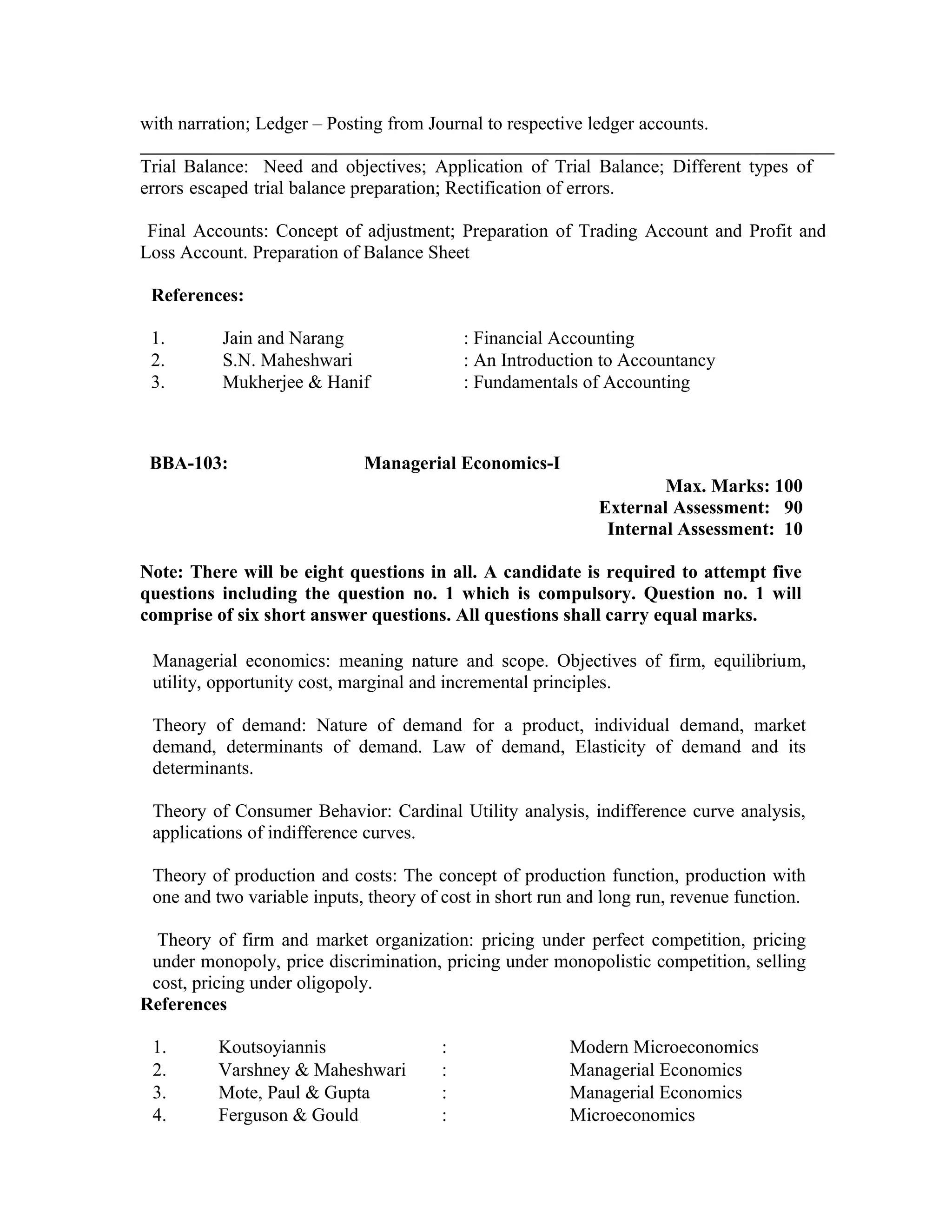 with narration; Ledger – Posting from Journal to respective ledger accounts.
Trial Balance: Need and objectives; Application of Trial Balance; Different types of
errors escaped trial balance preparation; Rectification of errors.
Final Accounts: Concept of adjustment; Preparation of Trading Account and Profit and
Loss Account. Preparation of Balance Sheet
References:
1. Jain and Narang : Financial Accounting
2. S.N. Maheshwari : An Introduction to Accountancy
3. Mukherjee & Hanif : Fundamentals of Accounting
BBA-103: Managerial Economics-I
Max. Marks: 100
External Assessment: 90
Internal Assessment: 10
Note: There will be eight questions in all. A candidate is required to attempt five
questions including the question no. 1 which is compulsory. Question no. 1 will
comprise of six short answer questions. All questions shall carry equal marks.
Managerial economics: meaning nature and scope. Objectives of firm, equilibrium,
utility, opportunity cost, marginal and incremental principles.
Theory of demand: Nature of demand for a product, individual demand, market
demand, determinants of demand. Law of demand, Elasticity of demand and its
determinants.
Theory of Consumer Behavior: Cardinal Utility analysis, indifference curve analysis,
applications of indifference curves.
Theory of production and costs: The concept of production function, production with
one and two variable inputs, theory of cost in short run and long run, revenue function.
Theory of firm and market organization: pricing under perfect competition, pricing
under monopoly, price discrimination, pricing under monopolistic competition, selling
cost, pricing under oligopoly.
References
1. Koutsoyiannis : Modern Microeconomics
2. Varshney & Maheshwari : Managerial Economics
3. Mote, Paul & Gupta : Managerial Economics
4. Ferguson & Gould : Microeconomics
 