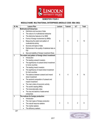 207
2017
SEMESTER 8 YEAR 4
MODULE NAME: MULTINATIONAL ENTERPRISES (MODULE CODE: BBA 3863)
Sl. No. Lesson Plan Lecture Tutorial ILT Total
1 Multinational Enterprises:
 Definitions and sources of data
 The nature of a multinational enterprise
 The distinctive features of an MNE
 Forms of foreign involvement by MNEs
 Measuring the extent and pattern of
multinational activity
 Sources and types of data
 Deficiencies in the quality of statistical data on
FDI
 Size and stability of foreign investment flows
6 5 3 14
2 The extent and pattern of foreign direct investment:
 Introduction
 The leading outward investors
 The significance of outward direct investment
to home countries
 The leading inward investors
 The significance of inward direct investment
for host countries
 The balance between outward and inward
direct investment
 The sectoral composition of outward and
inward investment
 The main orders of economic activity
 The world's leading MNEs
 The transnationality index
 The rise and decline of state-owned
enterprises
6 4 4 14
3 The motives for foreign production:
 Introduction
 The main types of foreign production
 The natural resource seekers
 The market seekers
 The efficiency seekers
4 3 2 9
 